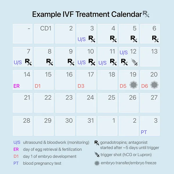 A simplified example of an antagonist IVF cycle. Gonadotropins are taken for ~10 days to stimulate the follicles on the ovary to grow. An antagonist is started around day 5 of stimulation to block ovulation prior to the egg retrieval. The trigger shot is taken once the follicles are large enough and the egg retrieval occurs 36 hours later. Embryos develop in the lab for 5-6 days. At this point, an embryo transfer or embryo biopsy/freeze will occur. A beta hCG blood pregnancy test is taken two weeks after the embryo transfer. 